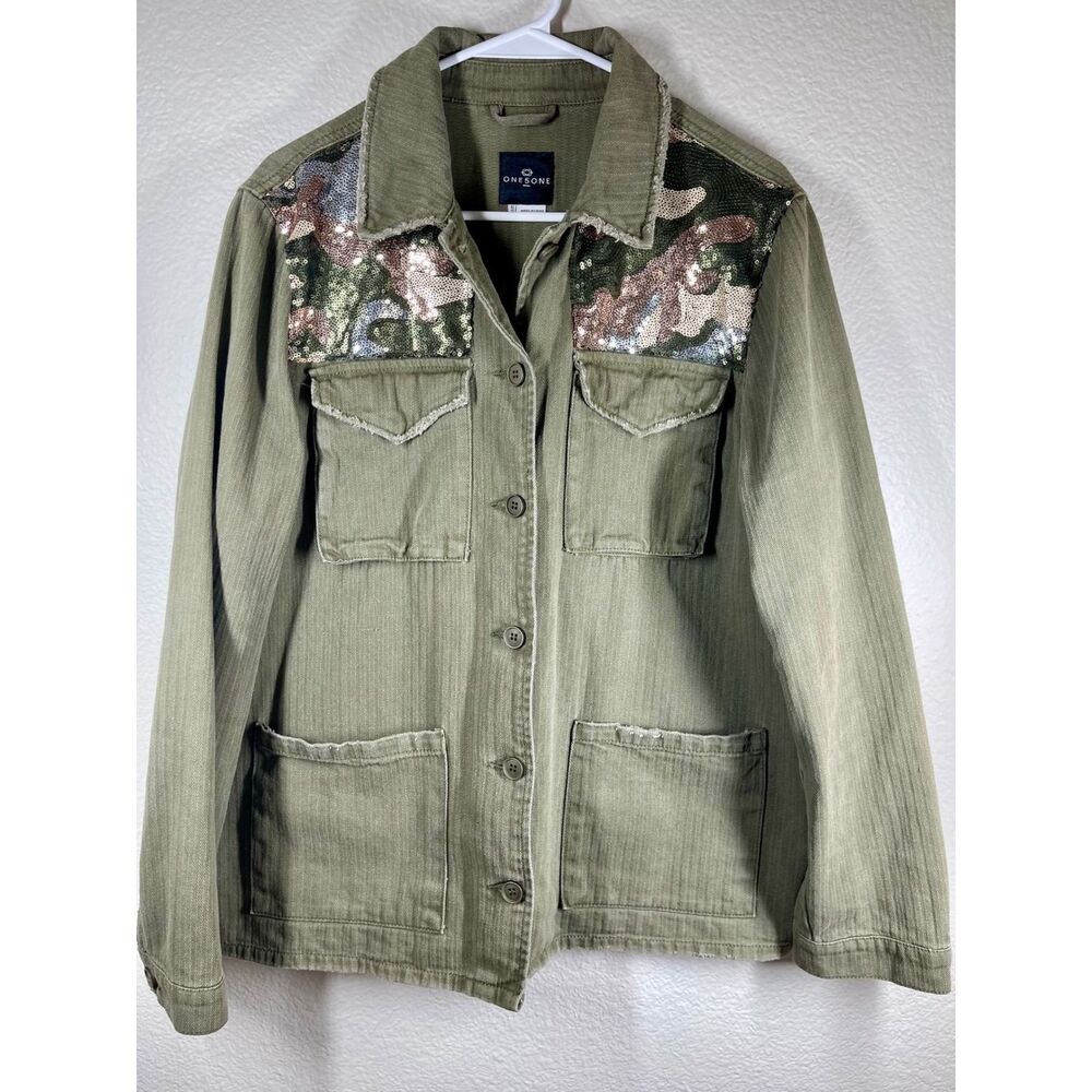 ONE 5 ONE Women Olive Green Camo Sequin Utility Jacket Size L sequin barn